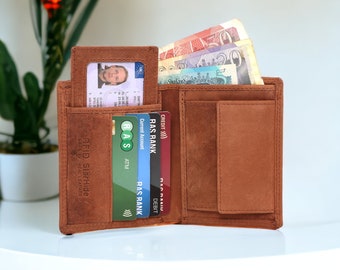 Men's RFID Blocking Brown Distressed Hunter Leather Bifold Wallet Multi Card Slots Coin Pocket and A Removable ID Card Holder #1090