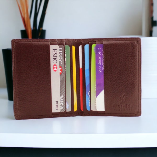 Men Women Small Card Holder - Top Grain Cowhide Leather Bifold Card Case Wallet - Slim Wallet -Built-in RFID Protection #105