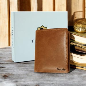 Personalized Tan Leather Wallet: RFID Blocking, Custom Engraved Billfold