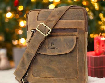 Mens Womens Cross Over Bag Handmade Distressed Hunter Brown Real Leather Crossbody Travel Messenger Pouch Bag For Ipad Tablet