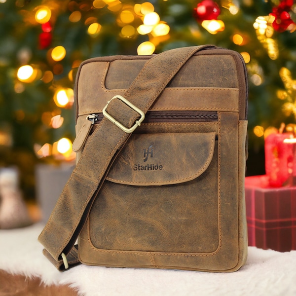 Mens Womens Cross Over Bag Handmade Distressed Hunter Brown Real Leather Crossbody Travel Messenger Pouch Bag For Ipad Tablet