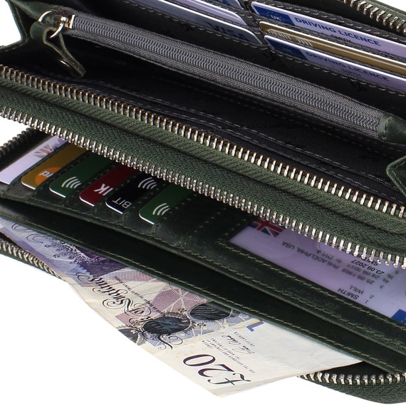 Womens Double Zipper Clutch Wallet Genuine Leather RFID Blocking