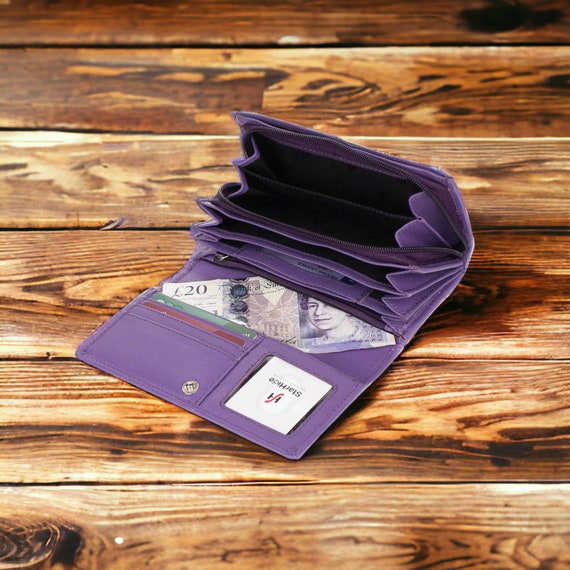 Women s RFID BLOCKING Purple Leather Wallet A Large Zipped Ladies