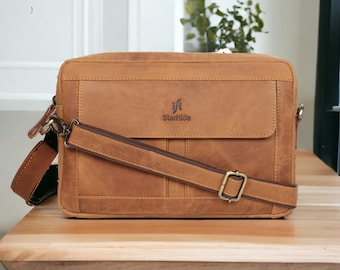 Mens Womens Distressed Hunter Genuine Leather Travel Ipad Tablet Messenger Bag 590 (Brown)
