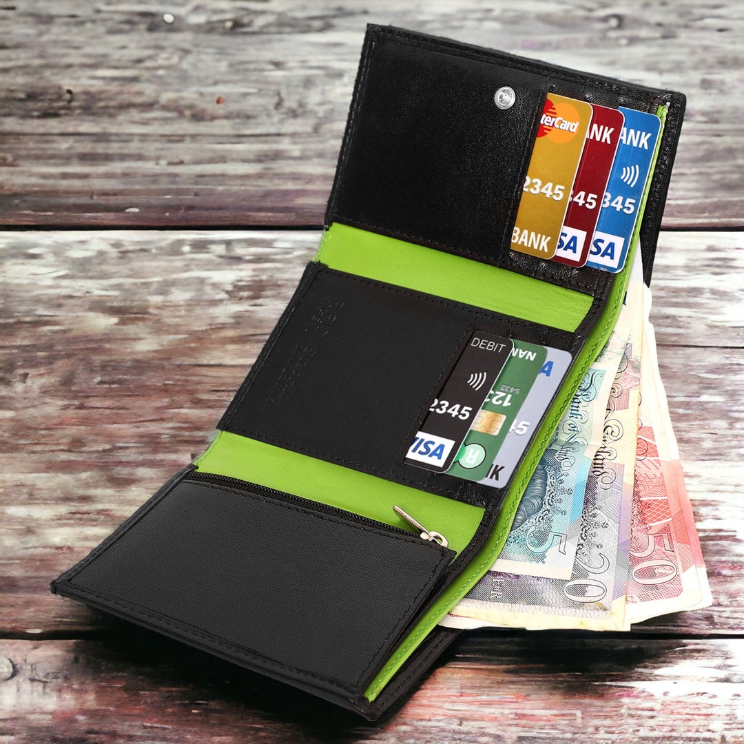 STARHIDE Genuine Goat Leather Trifold Zip Wallet With RFID Blocking - Classic Black/Green (9.5x11.5cm) Gift Boxed