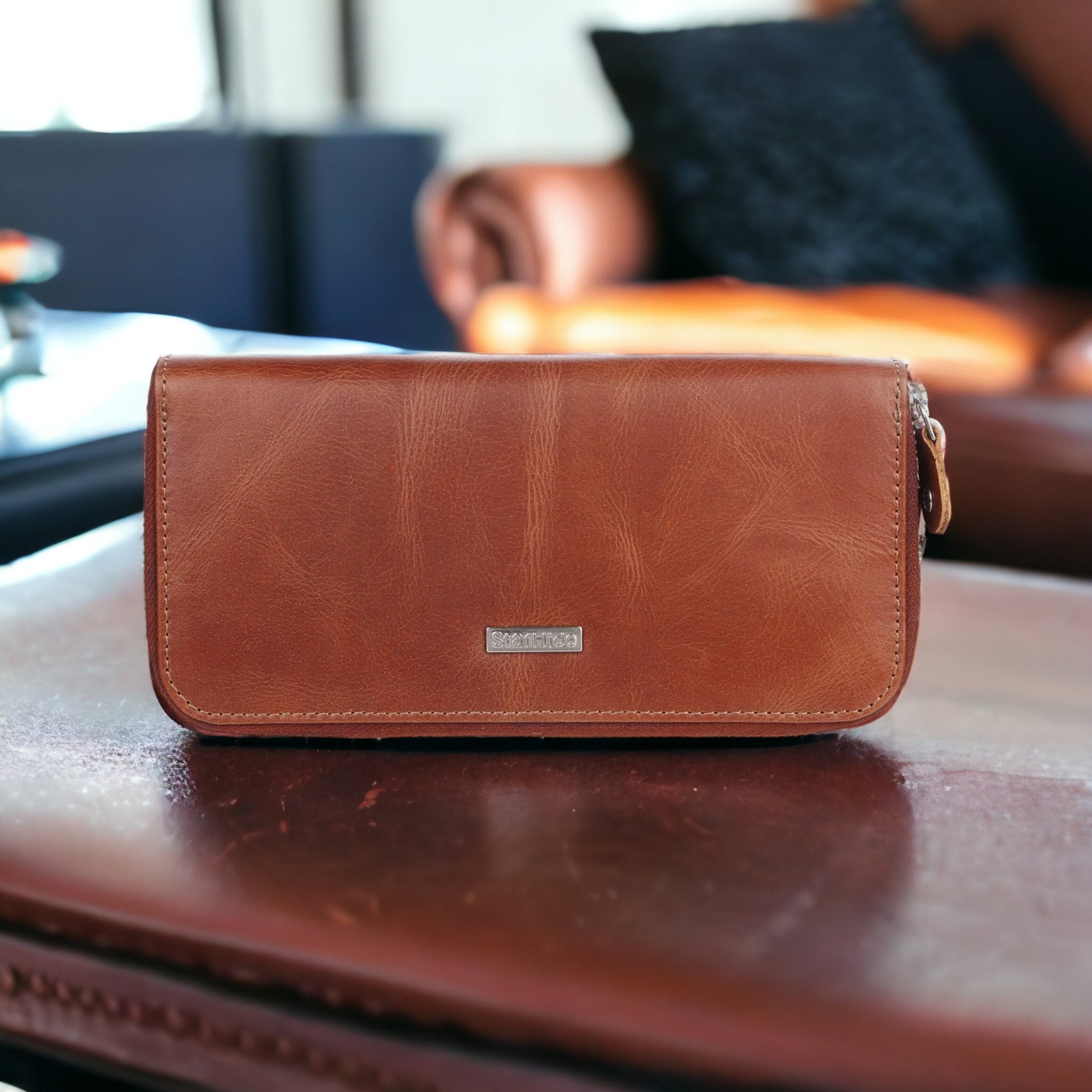 Womens Double Zipper Clutch Wallet Genuine Leather RFID Blocking