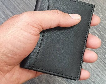 Mens Women Small Black Genuine Soft Leather Card Holder Wallet Slimline  Cards & Cash Pocket Bifold Wallets