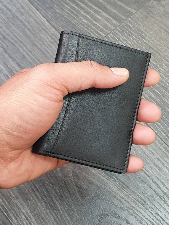 Mens Women Small Black Genuine Soft Leather Card Holder Wallet 