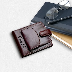 Billetera marrón personalizada, billetera con bloqueo RFID, billetera con nombre personalizado grabado con inicial para hombre, regalo para papá, novio o esposo