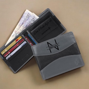 Billetera grabada personalizada para hombre, billetera clásica de cuero con bolsillo para monedas y bloqueo RFID, con regalo para hijo, esposo o papá (gris y negro)