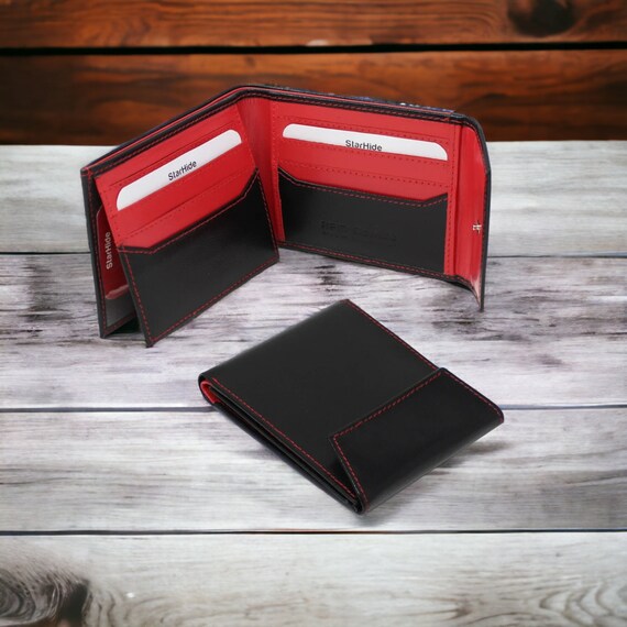 RFID Blocking Black Leather Trifold Wallet With Flip Up ID Holder