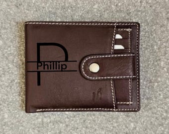 Personalized Brown Leather Bifold Wallet with Coin Pocket