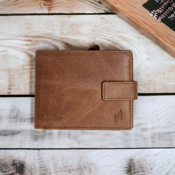 Men's Bifold Real Distressed Leather Tan Wallet With A Large Zipped Coin Pocket Pouch ID And Credit Card Holder Purse 1180