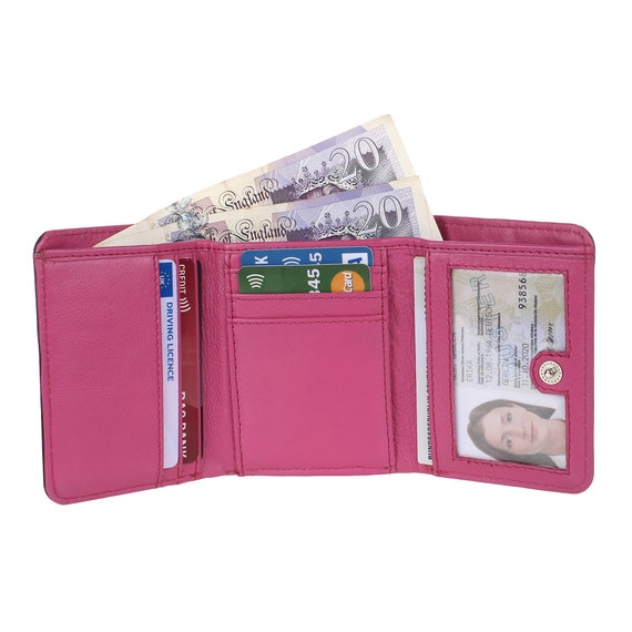 Ladies Women RFID Blocking Small Wallet Lightweight Soft Genuine Designer Leather Purse with Coin & ID Card Pocket Gift Boxed Fuchsia Black