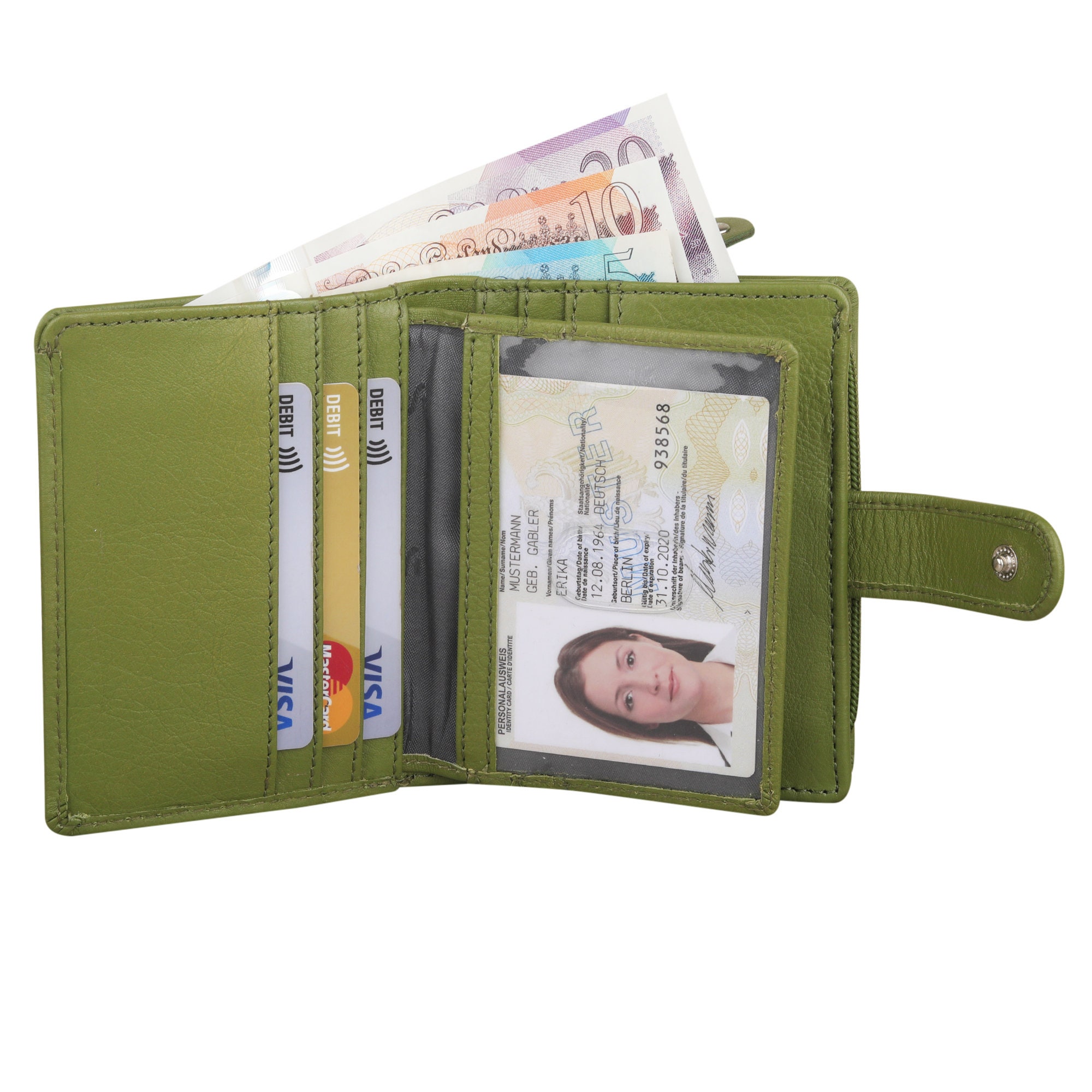 Leather Women's Wallets,Multi-Function Slim Bifold Zipper Clutch  Purse,Large Capacity Card Holder with RFID/Green