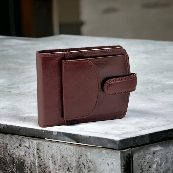 Portefeuille en cuir véritable marron pour homme avec poche latérale pour pièces de monnaie | Portefeuille pour homme avec blocage RFID dans un coffret cadeau