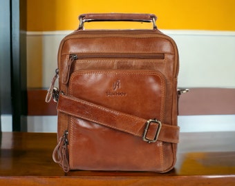 Mens Womens Oil Tanned Genuine Leather Travel Messenger Bag For Ipad Tablet 575 (Tan)