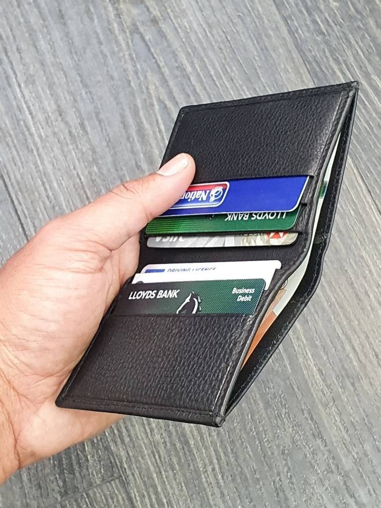 Mens Women Small Black Genuine Soft Leather Card Holder Wallet Slimline Cards & Cash Pocket Bifold Wallets