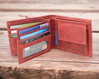 Red Full Grain Wallet For Men, Built in RFID Blocking, Genuine Distressed Hunter Leather Wallet Purse Cardholder Coin Pocket Wallet #1055