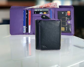 Ladies Women RFID Blocking Small Wallet Lightweight Soft Genuine Designer Leather Purse With Coin & ID Card Pocket Gift Boxed - Purple Black