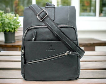 Leather Backpack - Mens Women Full Grain Leather Sling Shoulder Backpacks Cross body Rucksack Travel Messenger Tablet Bag