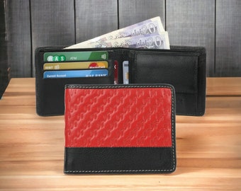 Portefeuille en cuir véritable rouge et noir pour homme - Portefeuilles protégés par RFID pour homme - Porte-cartes de crédit, pochette à monnaie, porte-monnaie, cadeau pour lui