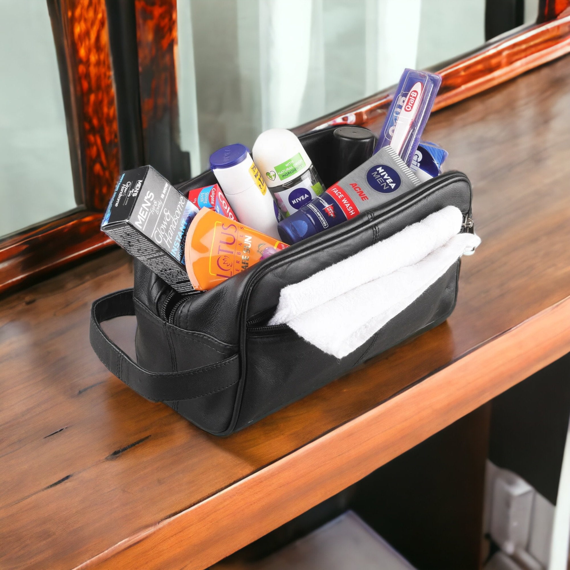 Real Leather Medium Zipped WASH BAG Toiletries Travel Cosmetic Bag