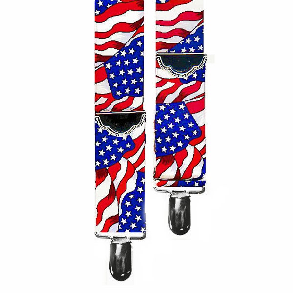 US FLAG SUSPENDERS - 2 Sizes for Better Fit - 1.5" Elastic - 4 Clips with Sewn Crossover