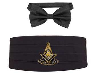 PAST MASTER Cummerbund Set - Black with Solid Bow Ties - Embroidered Logo