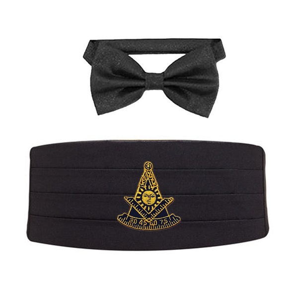 PAST MASTER Cummerbund Set - Black with Solid Bow Ties - Embroidered Logo