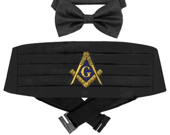 MASONIC CUMMERBUND SET - Black with Solid Bow Ties - Embroidered Logo