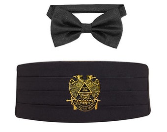 SCOTTISH RITE 32nd CUMMERBUND Set - Black with Solid Bow Ties - Embroidered Logo