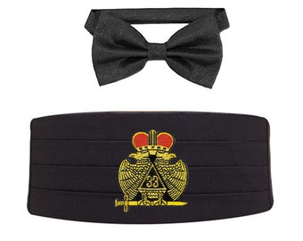 SCOTTISH RITE 33rd CUMMERBUND Set - Black with Solid Bow Ties - Embroidered Logo