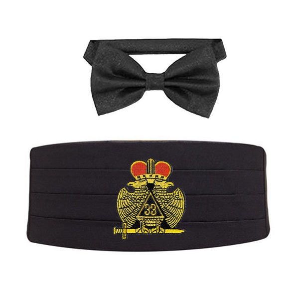 SCOTTISH RITE 33rd CUMMERBUND Set - Black with Solid Bow Ties - Embroidered Logo