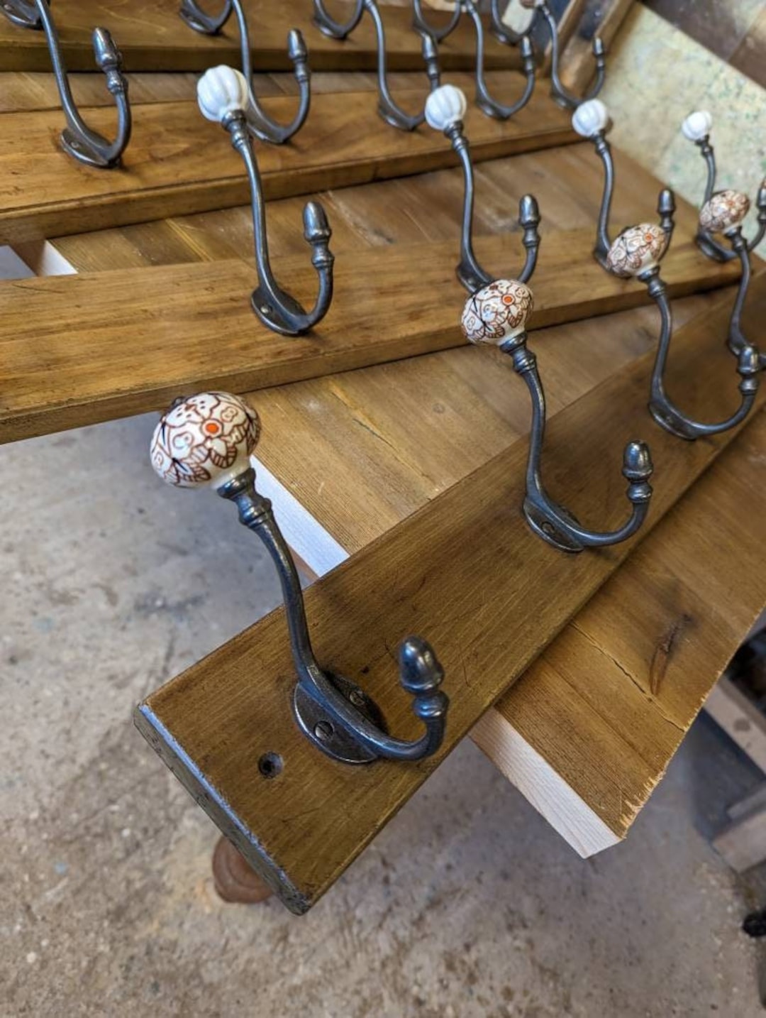 Vintage Hand Painted Ceramic Coat Hooks victorian Period Cast Iron