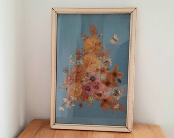 Dried Flower Art In Frame, Vintage, Picture, Wall Art, Retro, Gallery Wall, Blue, Teal Background. Posy. Butterfly. Garden Room.