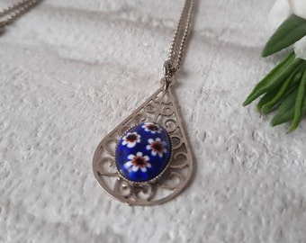 Vintage Silver Millefiori Pendant With Chain, Tear Drop Shape, Flowers, Cobalt Blue, White, Red. Necklace.  Murano Glass.