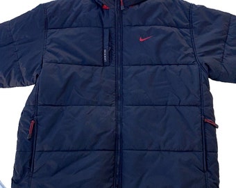 Vintage Nike Big Swoosh REVERSIBLE Parka Stadium Coat Jacket Mens XL Black RED Long Winter Fall Streetwear