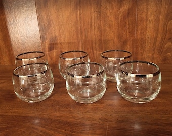 6 Vintage Roly Poly Silver Rim Bar Glasses 4 oz Mid Century MCM Barware EUC