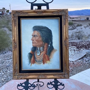 Vintage American Indian Oil Painting Cone Swell Ornate Gold Wood Frame Signed