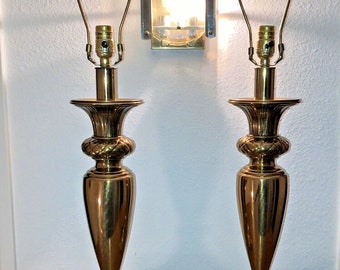 Pair Vintage Shiny Brass Trophy Table Lamps BOHO Hollywood Regency Acorn for end table or bedroom nightstands