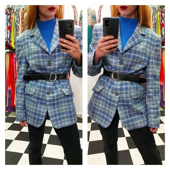 Blue beige woolen tartan blazer size 40