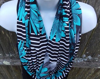 Blue Floral Striped Infinity Scarf