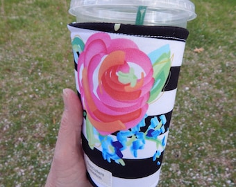 Striped Floral Iced Coffee Cozy