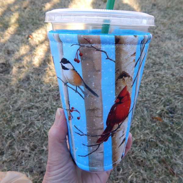 Birds on Birch Trees Iced Coffee Cozy
