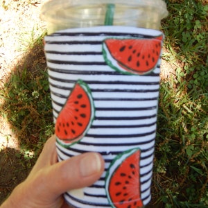 Watermelon On Stripes Iced Coffee Cozy image 1