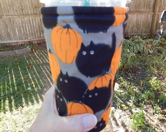 Large Cat N Pumpkins Iced Coffee Cozy