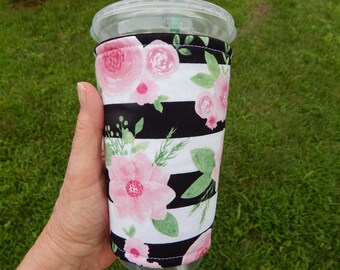 Roses On Stripes Iced Coffee Cozy