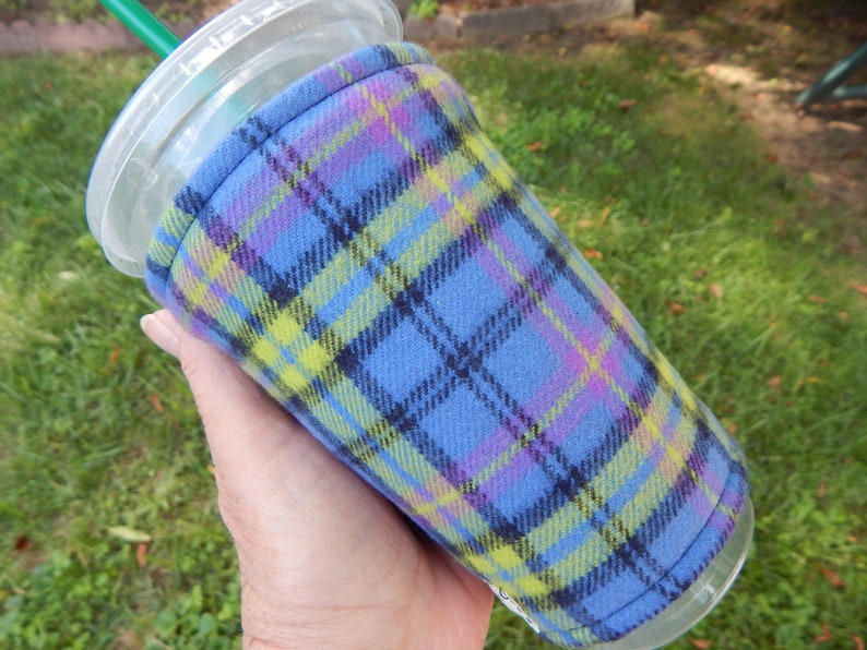 Periwinkle Lime Plaid Flannel Iced Coffee Cozy image 2