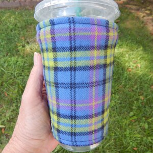 Periwinkle Lime Plaid Flannel Iced Coffee Cozy image 1